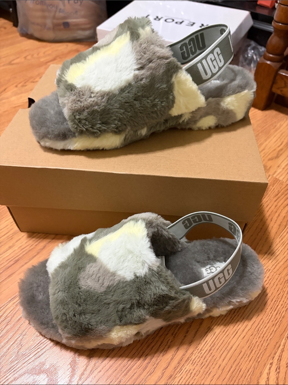 UGG Fluff Yeah Camopop Slide Gray & Yellow US 9